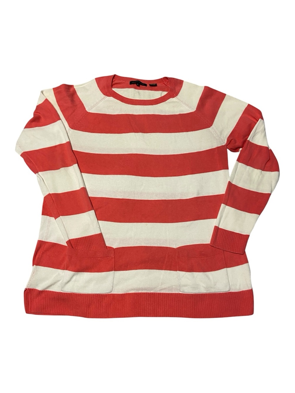 JEANNE PIERRE Coral and White Striped Scoopneck Sweater